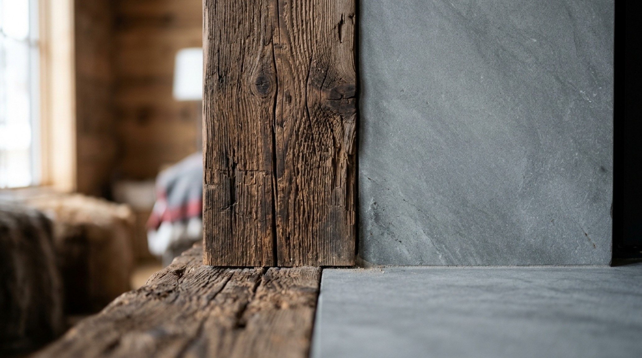 Close-up of luxury floating farmhouse tour decor ideas textures showing the contrast between a rough-hewn lye-washed pine plank and a smooth honed bluestone countertop.