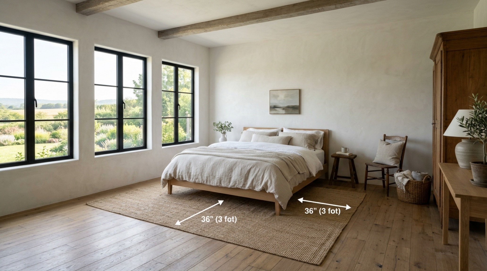 A serene master bedroom featuring 36-inch primary circulation paths, limewash walls in Benjamin Moore Swiss Coffee, and organic linen bedding.