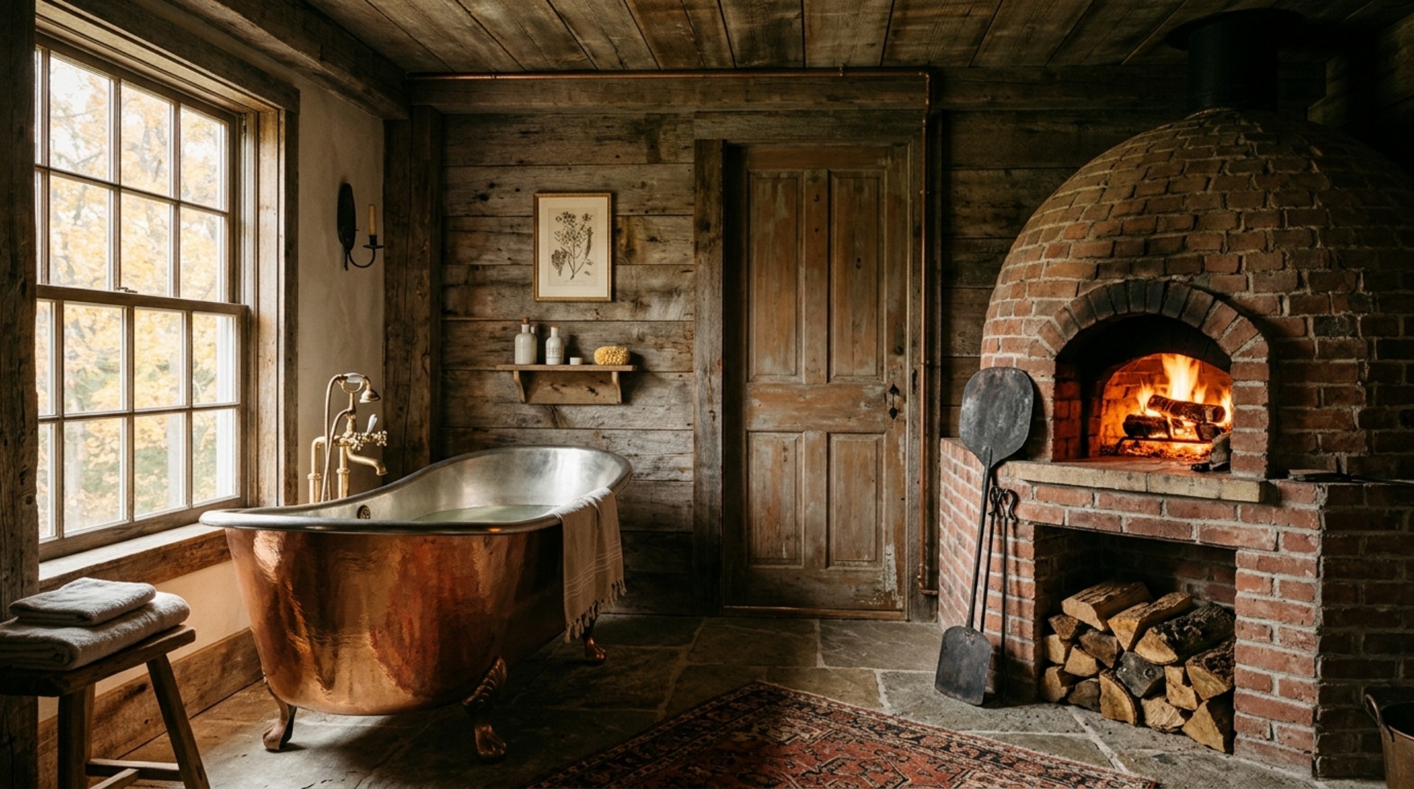 The iconic floating farmhouse bathroom with a wood-burning pizza oven fireplace, a freestanding stainless steel tub, and views of the surrounding forest through minimalist steel windows.