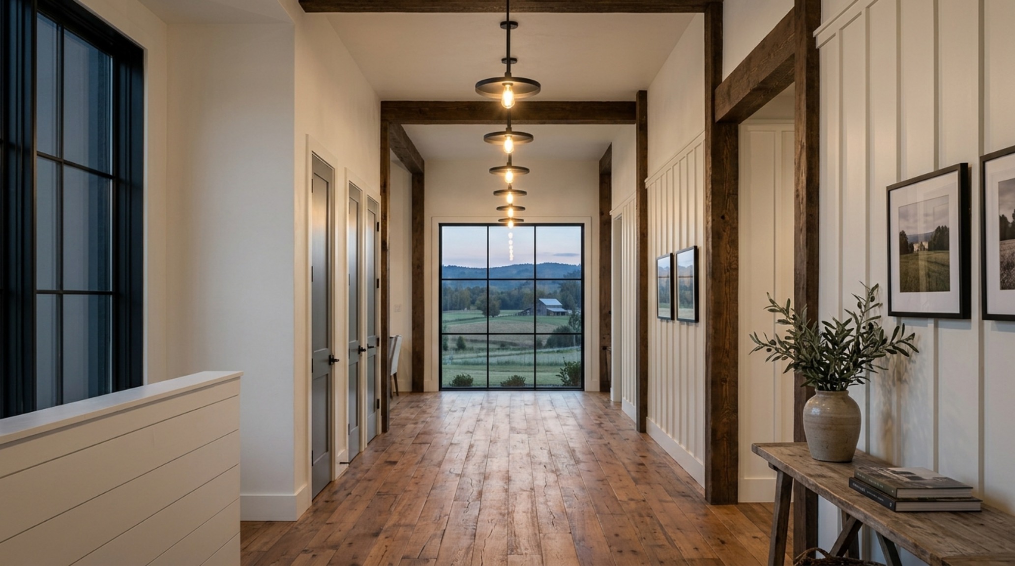 Inspiration Gallery: Modern floating farmhouse tour decor ideas layout showing a seamless transition from a rustic dining hall to a glass-walled sunroom with 30-inch chair clearances.