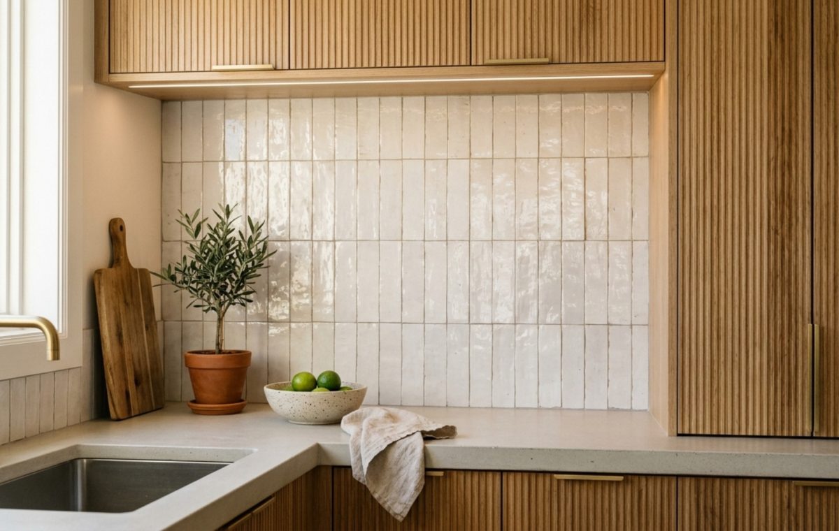 A kitchen backsplash featuring vertically stacked glossy Zellige tiles in a soft bone white, paired with fluted white oak cabinetry and warm 2700K under-cabinet lighting.