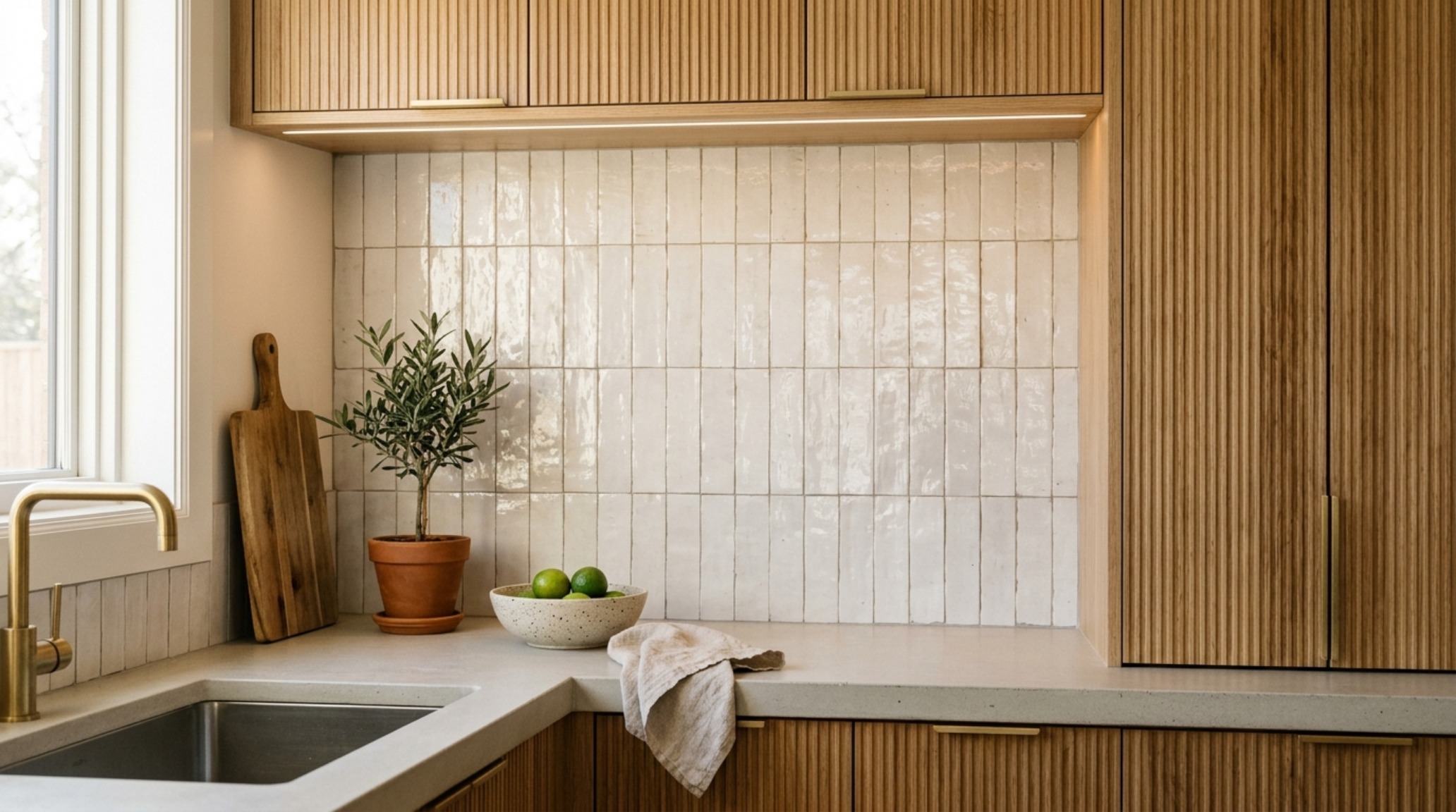 A kitchen backsplash featuring vertically stacked glossy Zellige tiles in a soft bone white, paired with fluted white oak cabinetry and warm 2700K under-cabinet lighting. A kitchen backsplash featuring vertically stacked glossy Zellige tiles in a soft bone white, paired with fluted white oak cabinetry and warm 2700K under-cabinet lighting.