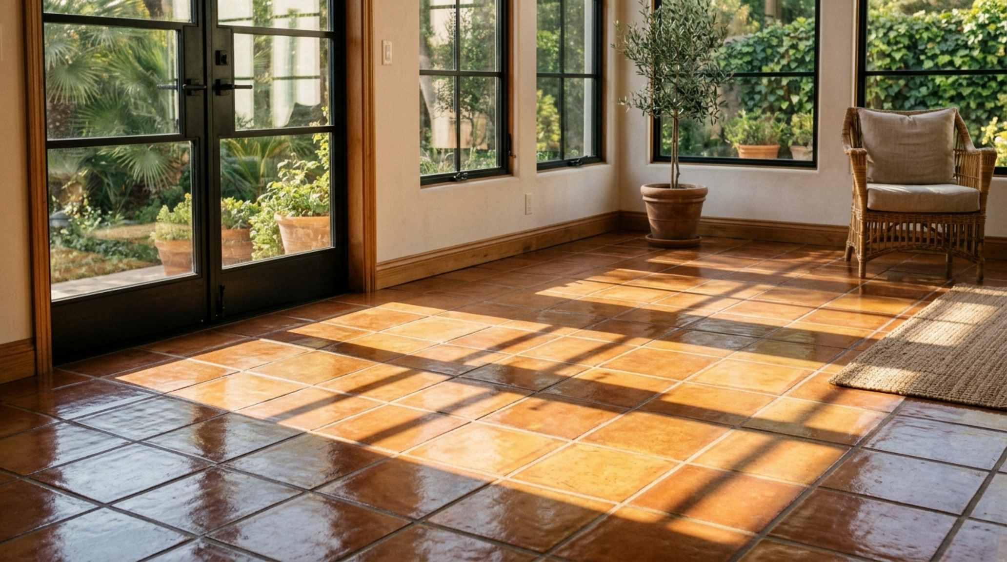 Exterior-to-interior view of a sun-drenched sunroom with glossy terracotta-style tiles, showing the material's interaction with direct natural sunlight. Exterior-to-interior view of a sun-drenched sunroom with glossy terracotta-style tiles, showing the material's interaction with direct natural sunlight.