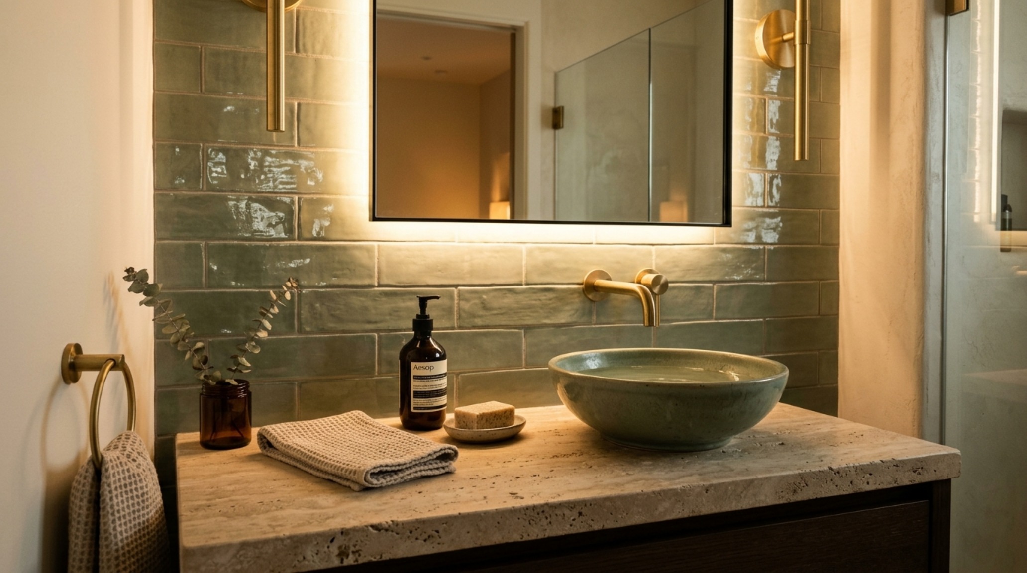 A luxury bathroom vanity with high-gloss sage green tiles, a honed travertine countertop, and brushed brass fixtures under soft diffused daylight. A luxury bathroom vanity with high-gloss sage green tiles, a honed travertine countertop, and brushed brass fixtures under soft diffused daylight.