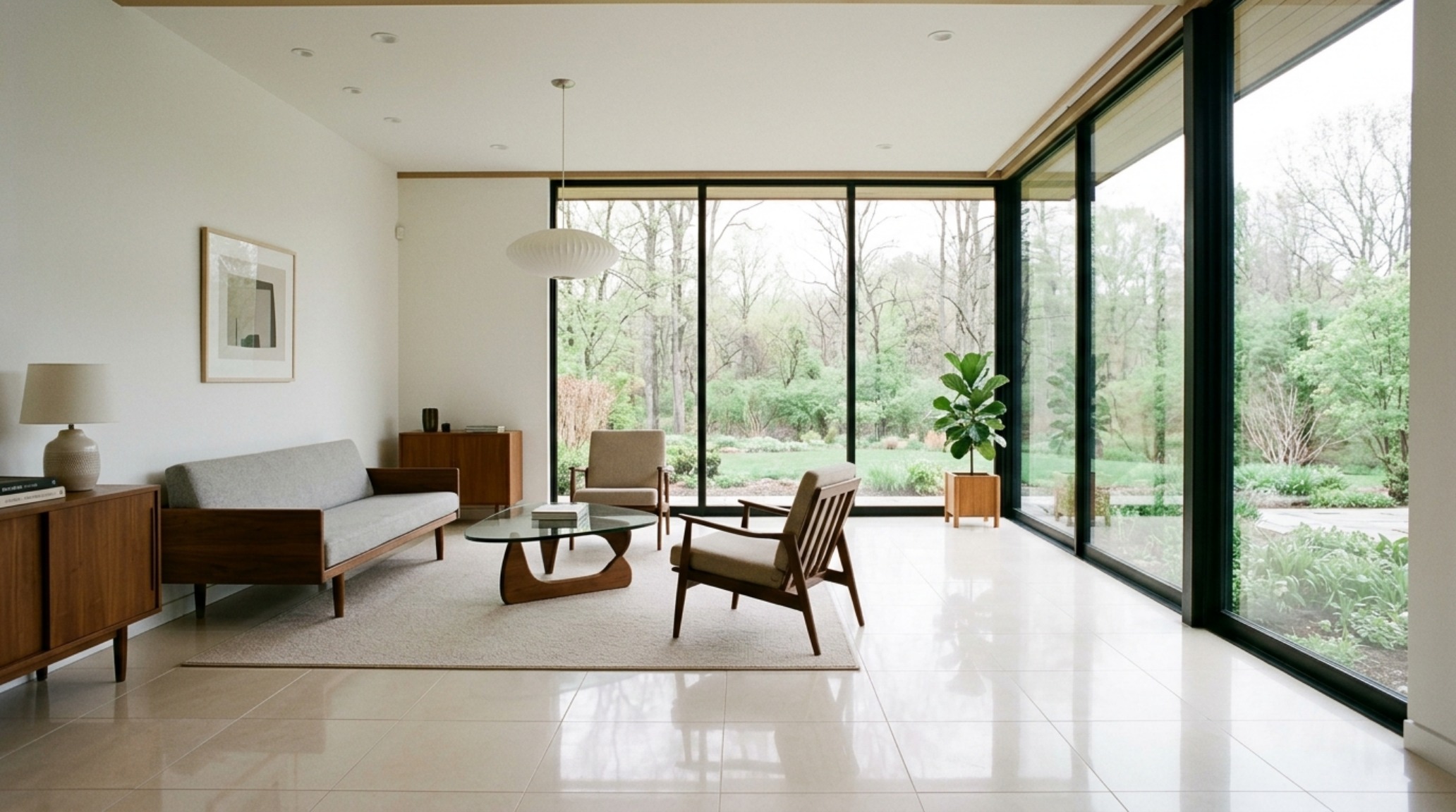A wide-angle shot of a minimalist living area featuring glossy large-format floor tiles, showing a clear 36-inch circulation path and a sightline toward a floor-to-ceiling window. A wide-angle shot of a minimalist living area featuring glossy large-format floor tiles, showing a clear 36-inch circulation path and a sightline toward a floor-to-ceiling window.