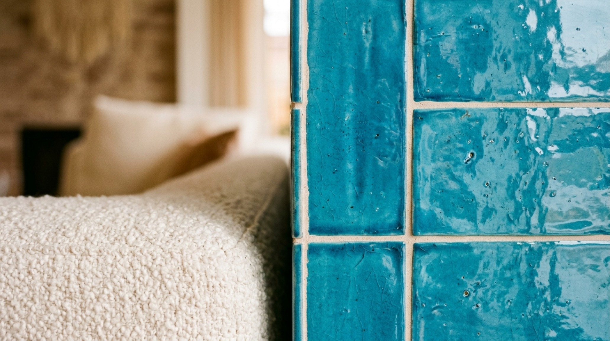 Close-up of a tiled coffee table with a high-gloss finish, positioned at an 18-inch reach from a soft bouclé sofa, highlighting the texture of the glaze. Close-up of a tiled coffee table with a high-gloss finish, positioned at an 18-inch reach from a soft bouclé sofa, highlighting the texture of the glaze.