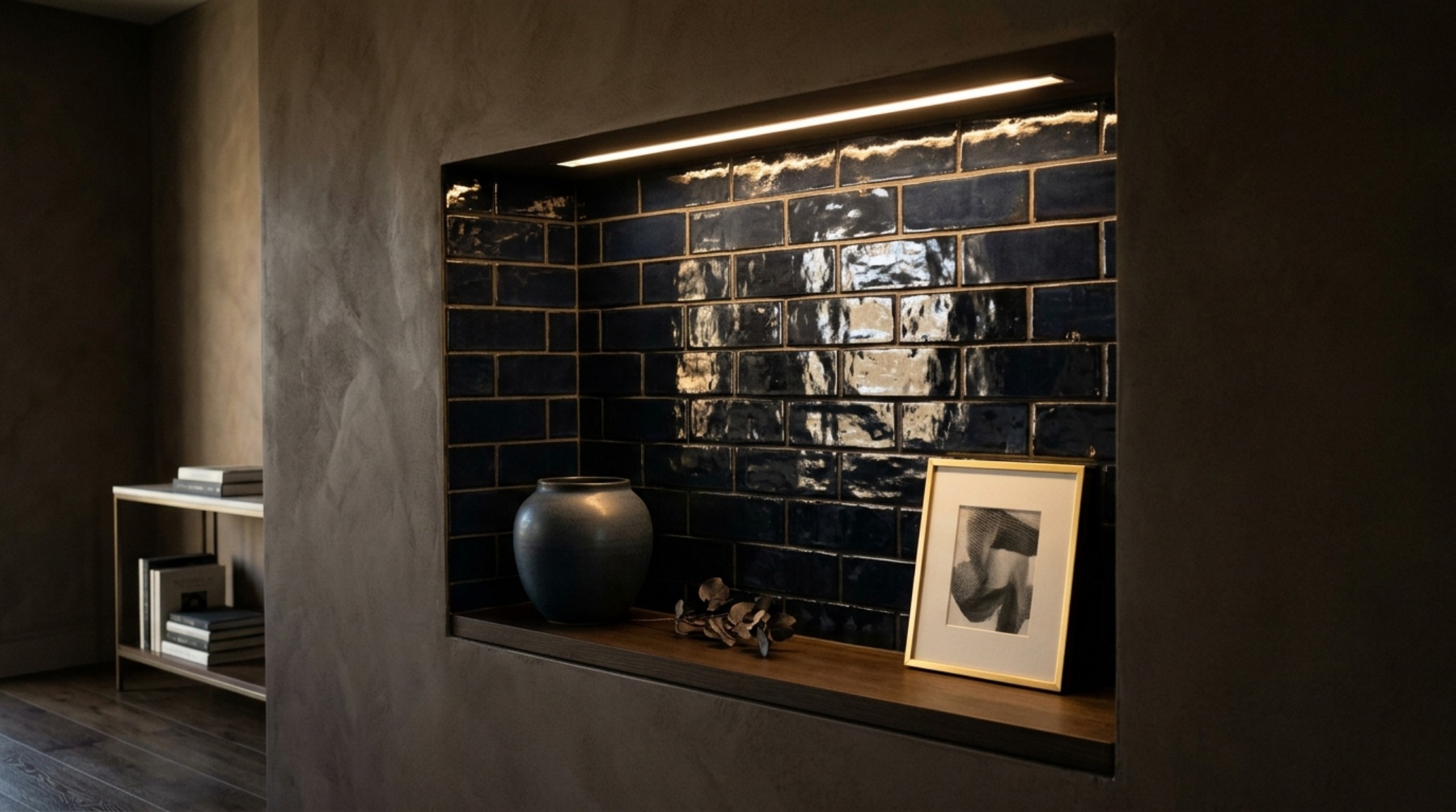Architectural detail of an arched niche clad in navy glossy tiles, with a grazing wall sconce creating a chiaroscuro effect on the reflective surface. Architectural detail of an arched niche clad in navy glossy tiles, with a grazing wall sconce creating a chiaroscuro effect on the reflective surface.