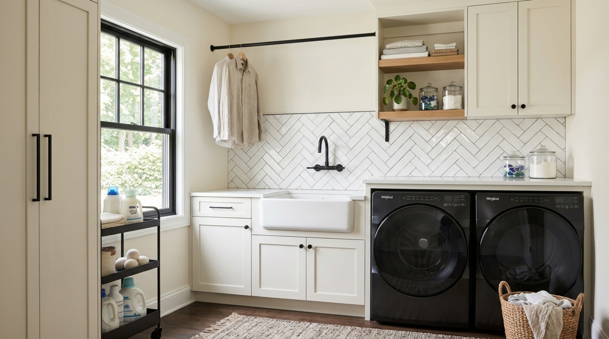 A modern laundry room with glossy subway tiles in a herringbone pattern, showcasing Benjamin Moore Swiss Coffee walls and integrated functional cabinetry. A modern laundry room with glossy subway tiles in a herringbone pattern, showcasing Benjamin Moore Swiss Coffee walls and integrated functional cabinetry.