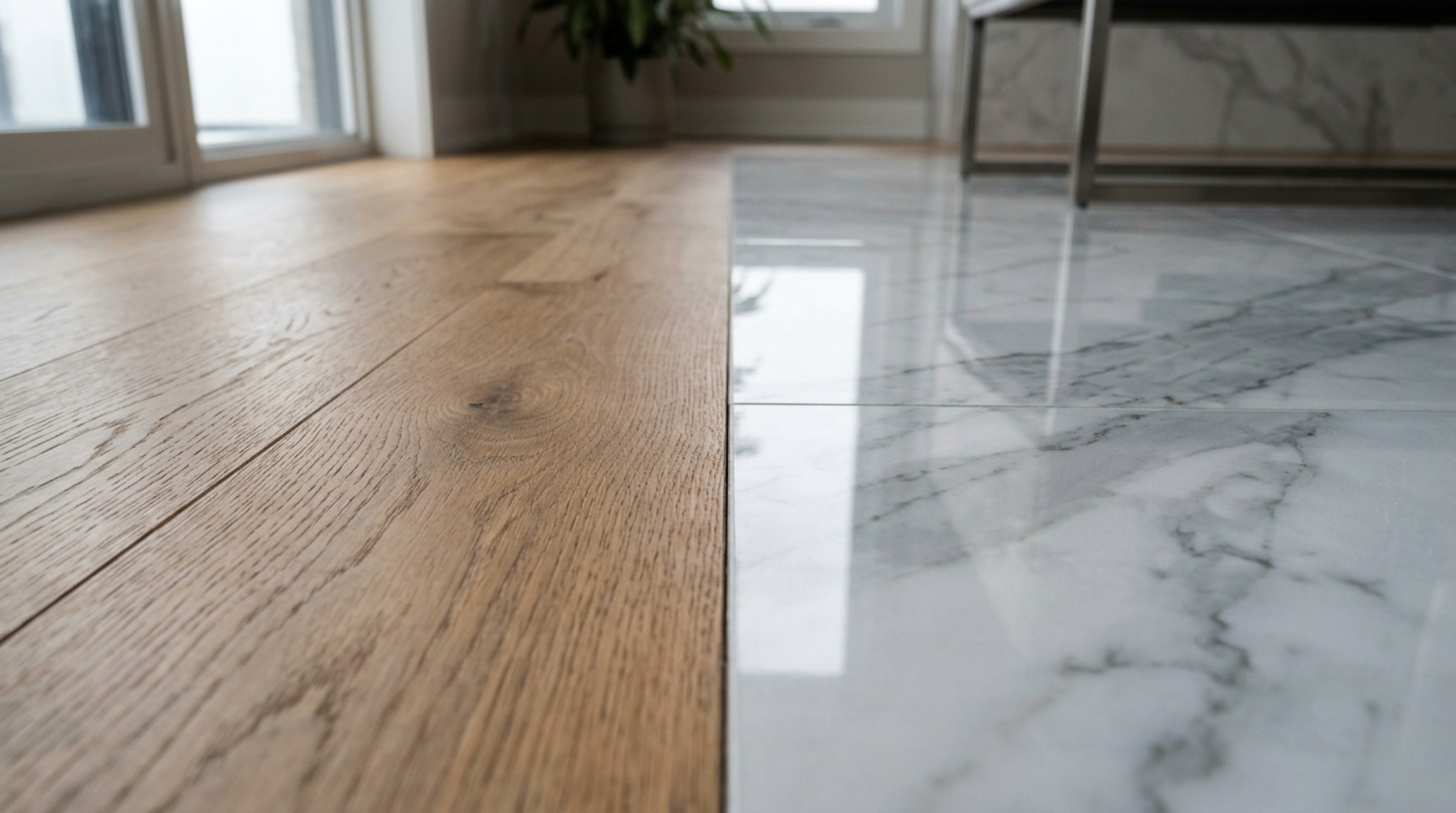 Entryway layout featuring a transition between matte white oak flooring and a glossy marble-look porcelain tile, emphasizing flush sightlines and ergonomic flow. Entryway layout featuring a transition between matte white oak flooring and a glossy marble-look porcelain tile, emphasizing flush sightlines and ergonomic flow.