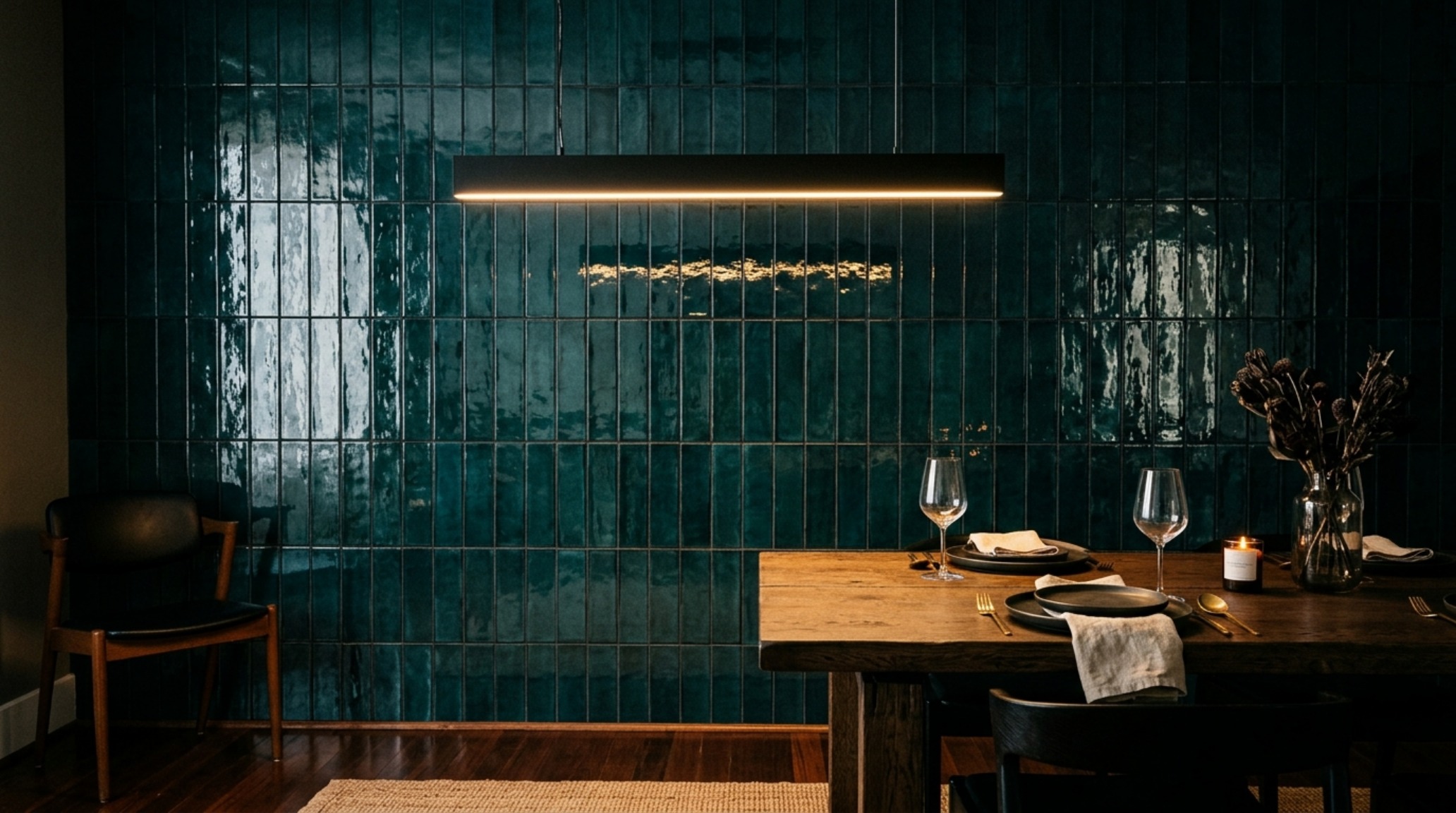 A dining room accent wall with dark teal glossy tiles, reflecting a minimalist pendant light with 3000K temperature for clean, crisp highlights. A dining room accent wall with dark teal glossy tiles, reflecting a minimalist pendant light with 3000K temperature for clean, crisp highlights.