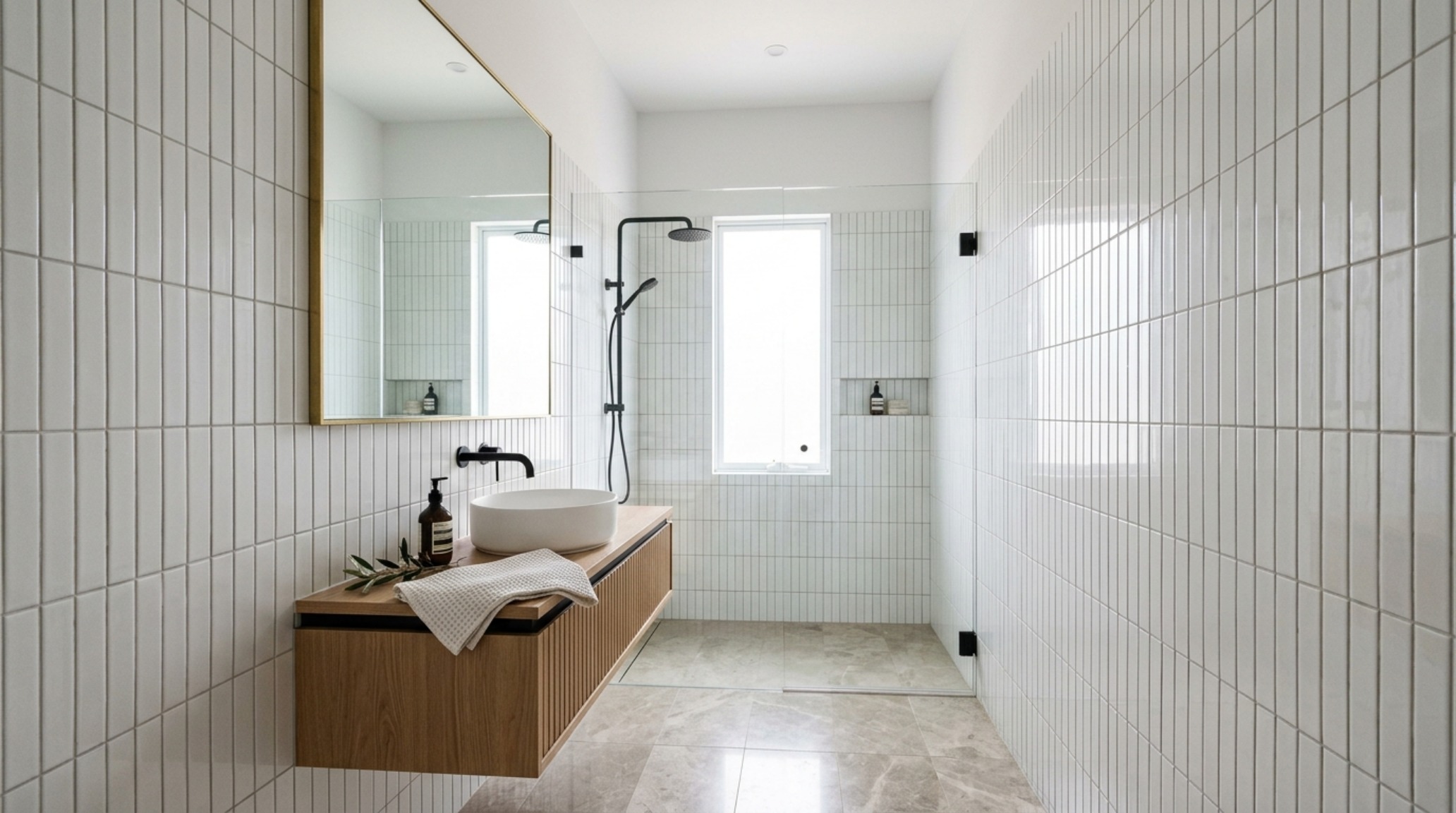 Small space bathroom design utilizing vertical glossy tiles and a floating vanity to maximize perceived spatial volume through light reflection. Small space bathroom design utilizing vertical glossy tiles and a floating vanity to maximize perceived spatial volume through light reflection.