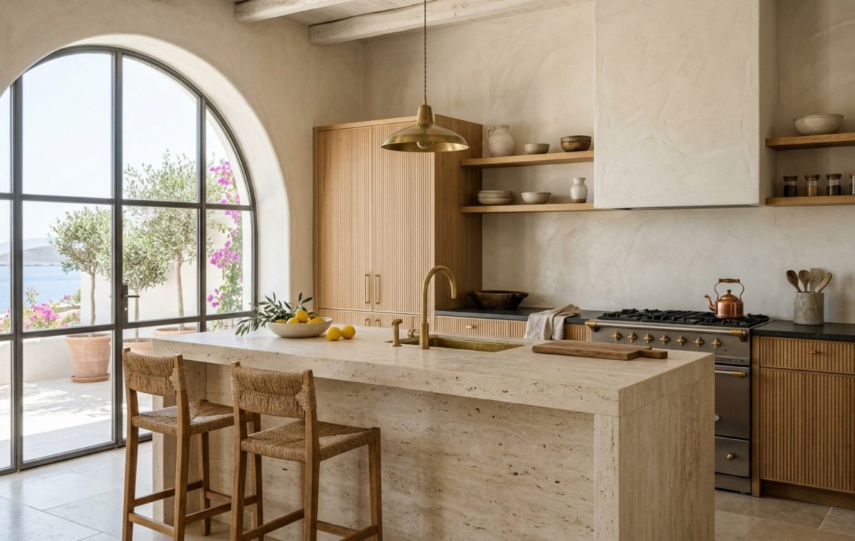 Luxury greek architecture in modern buildings textures featuring a honed travertine kitchen island with fluted white oak detailing and recessed shadow lighting.
