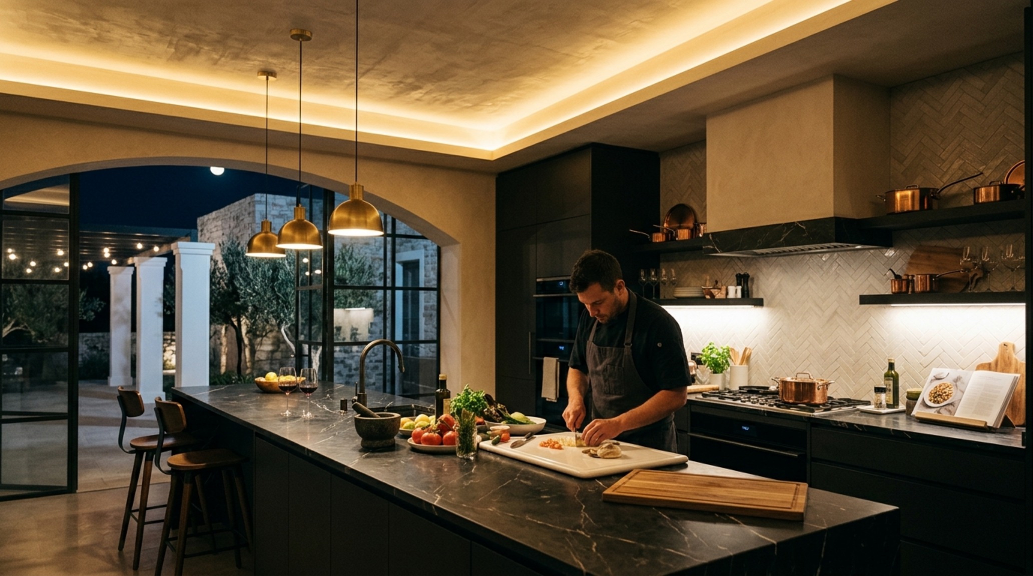 Greek architecture in modern buildings lighting guide illustrating the contrast between 3000K task lighting and 2700K cove lighting in a modern kitchen. Greek architecture in modern buildings lighting guide illustrating the contrast between 3000K task lighting and 2700K cove lighting in a modern kitchen.