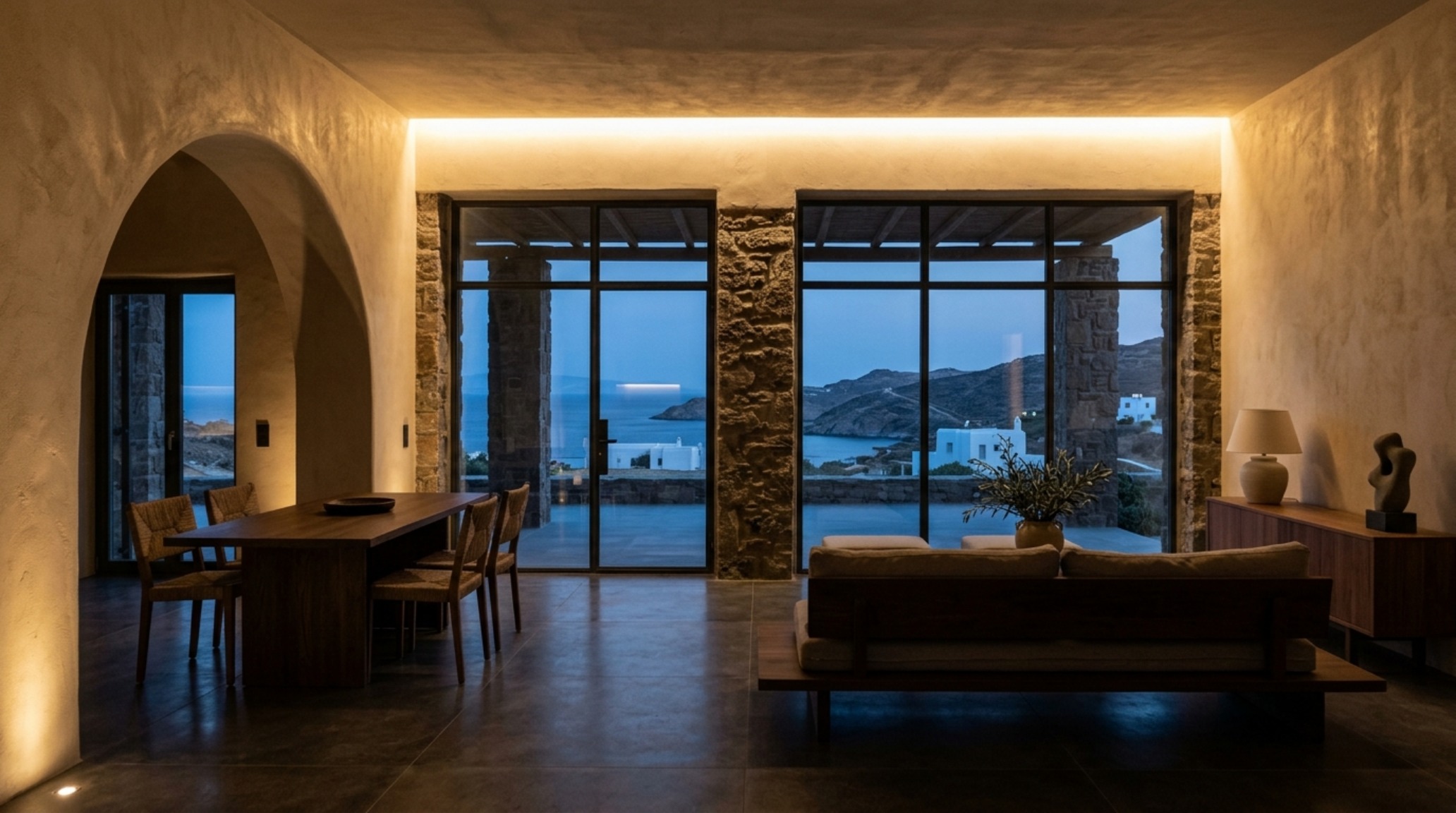 Greek architecture in modern buildings lighting guide showing a minimalist living room at dusk with 2700K warm ambient lighting grazing a textured plaster wall. Greek architecture in modern buildings lighting guide showing a minimalist living room at dusk with 2700K warm ambient lighting grazing a textured plaster wall.