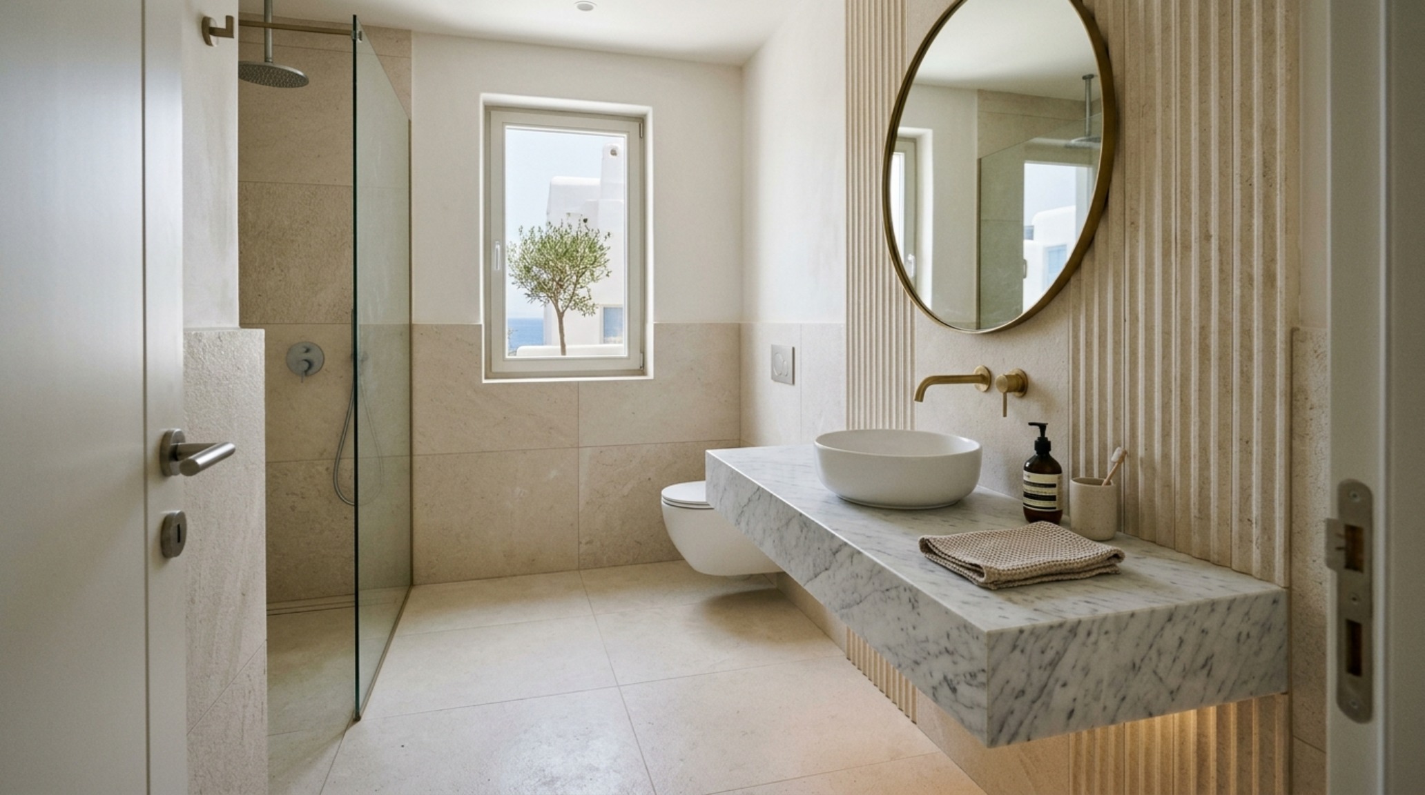 Small space greek architecture in modern buildings utilizing floor-to-ceiling fluted panels and a floating stone vanity to maximize visual floor plane. Small space greek architecture in modern buildings utilizing floor-to-ceiling fluted panels and a floating stone vanity to maximize visual floor plane.