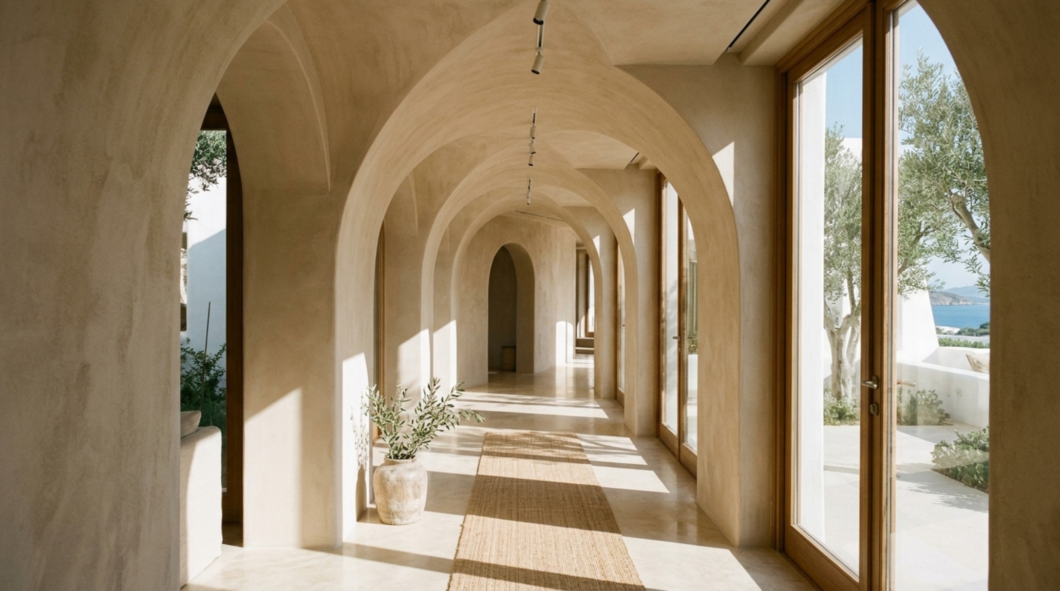 Modern greek architecture in modern buildings ideas showcasing a contemporary villa with a soft-arched hallway and hand-applied lime wash finishes. Modern greek architecture in modern buildings ideas showcasing a contemporary villa with a soft-arched hallway and hand-applied lime wash finishes.