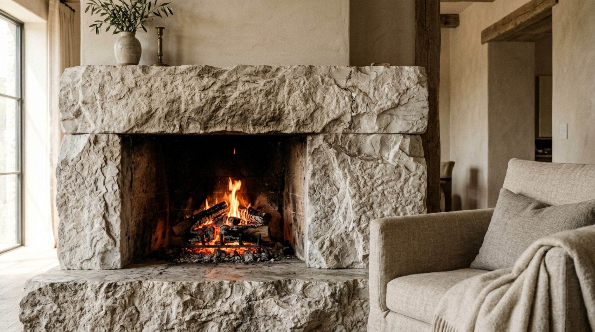 Luxury greek architecture in modern buildings textures highlighted by a monolithic stone fireplace and raw linen drapery in a sun-drenched lounge. Luxury greek architecture in modern buildings textures highlighted by a monolithic stone fireplace and raw linen drapery in a sun-drenched lounge.