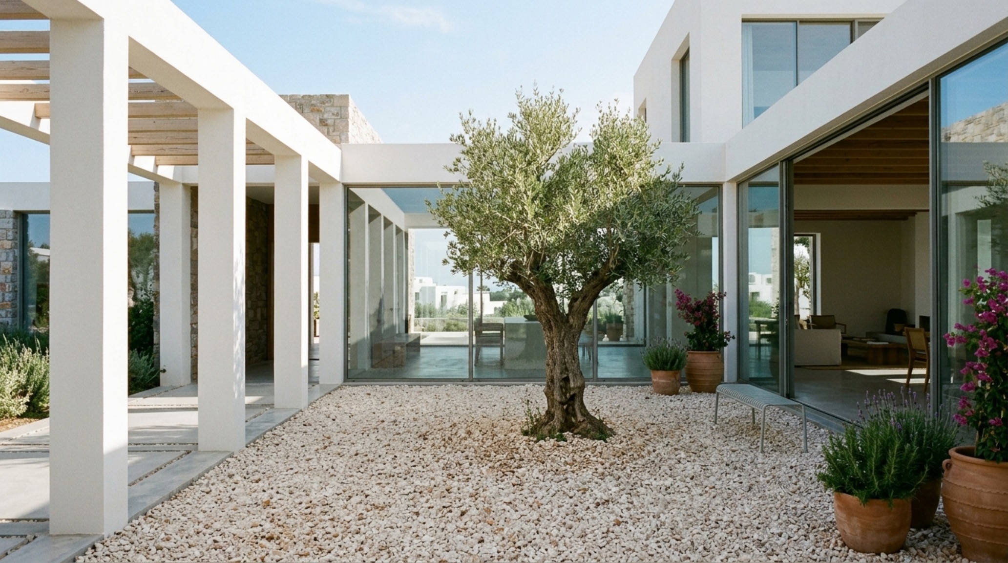 Modern greek architecture in modern buildings ideas including an indoor olive tree courtyard with limestone flooring and direct sunlight. Modern greek architecture in modern buildings ideas including an indoor olive tree courtyard with limestone flooring and direct sunlight.