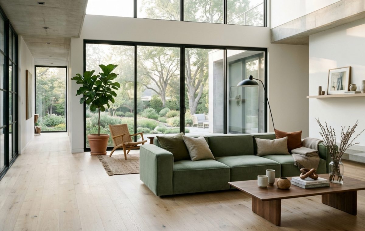 Architectural view of a modern living room featuring a sage green velvet sofa, 36-inch walkway clearances, and floor-to-ceiling windows with soft morning light.