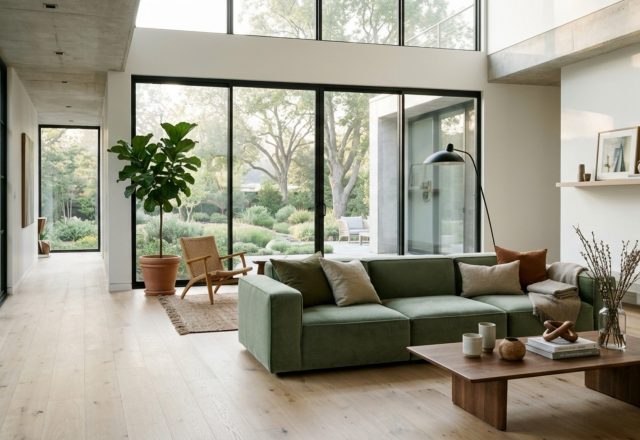 Architectural view of a modern living room featuring a sage green velvet sofa, 36-inch walkway clearances, and floor-to-ceiling windows with soft morning light.