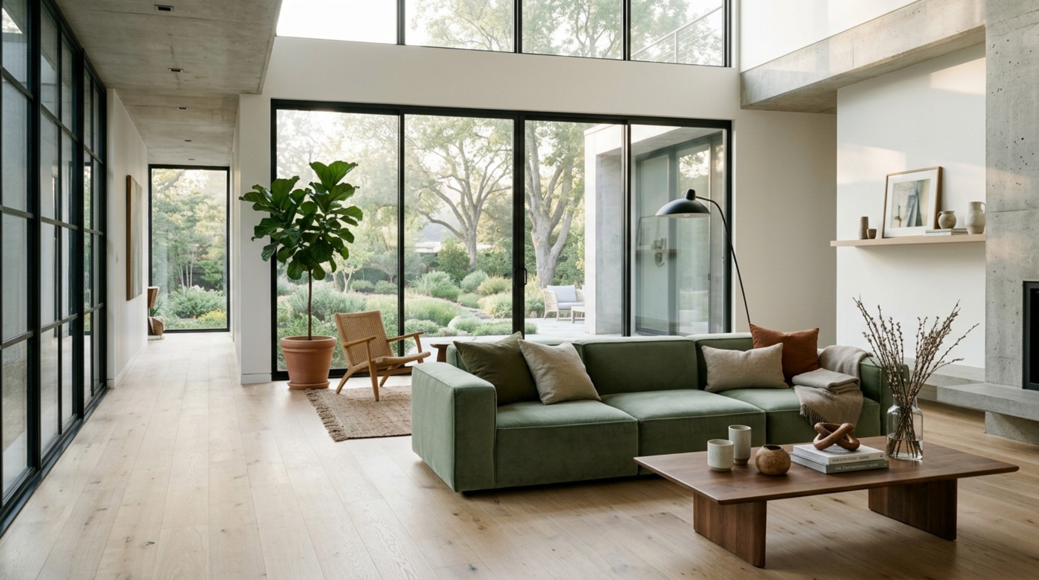 Architectural view of a modern living room featuring a sage green velvet sofa, 36-inch walkway clearances, and floor-to-ceiling windows with soft morning light. Architectural view of a modern living room featuring a sage green velvet sofa, 36-inch walkway clearances, and floor-to-ceiling windows with soft morning light.