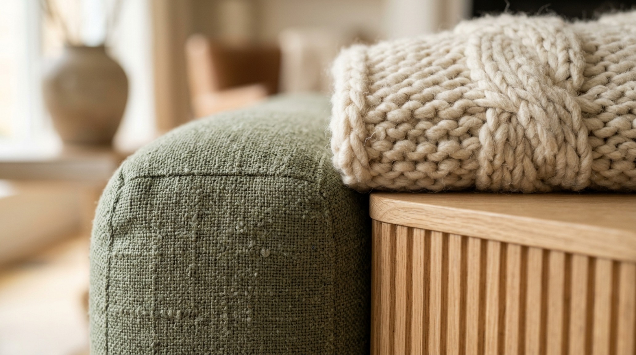 Macro detail of textile layering showing Belgian linen pillows on a sage green couch adjacent to a fluted white oak side table. Macro detail of textile layering showing Belgian linen pillows on a sage green couch adjacent to a fluted white oak side table.