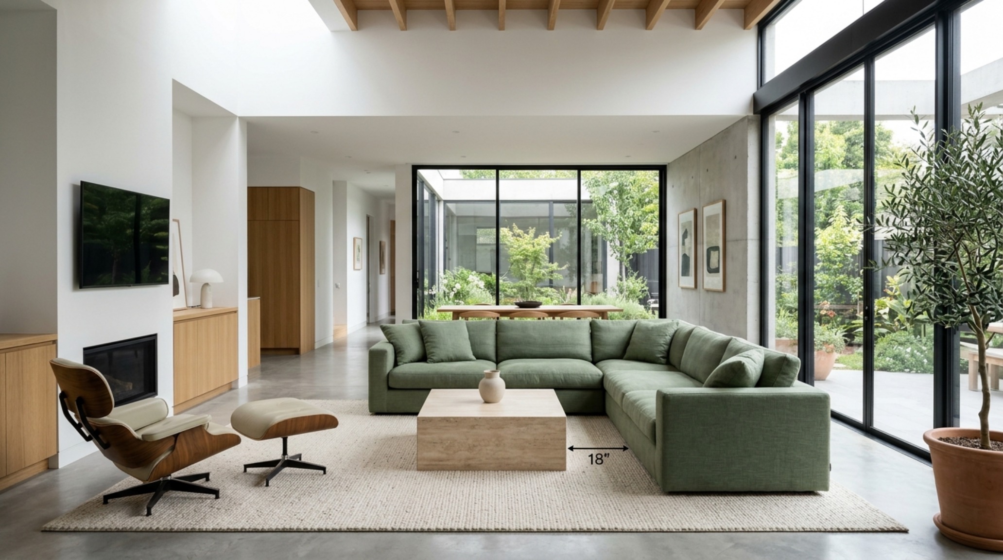 Top-down architectural layout view demonstrating the 18-inch ergonomic distance between a sage green sectional and a honed travertine coffee table. Top-down architectural layout view demonstrating the 18-inch ergonomic distance between a sage green sectional and a honed travertine coffee table.