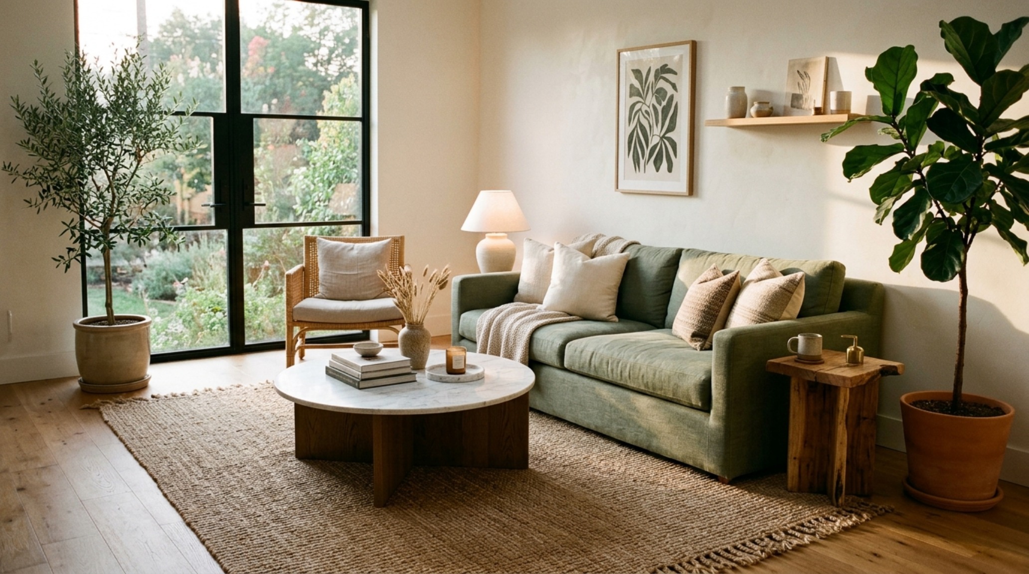 A serene sanctuary living room design highlighting the integration of biophilic sage green tones with Benjamin Moore Swiss Coffee walls and organic textures. A serene sanctuary living room design highlighting the integration of biophilic sage green tones with Benjamin Moore Swiss Coffee walls and organic textures.