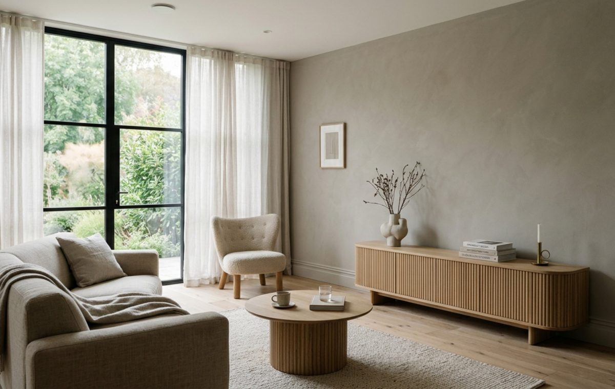 A sophisticated living room featuring greige paint decor ideas with matte walls, a fluted white oak media console, and soft 3000K ambient lighting filtering through linen drapes.