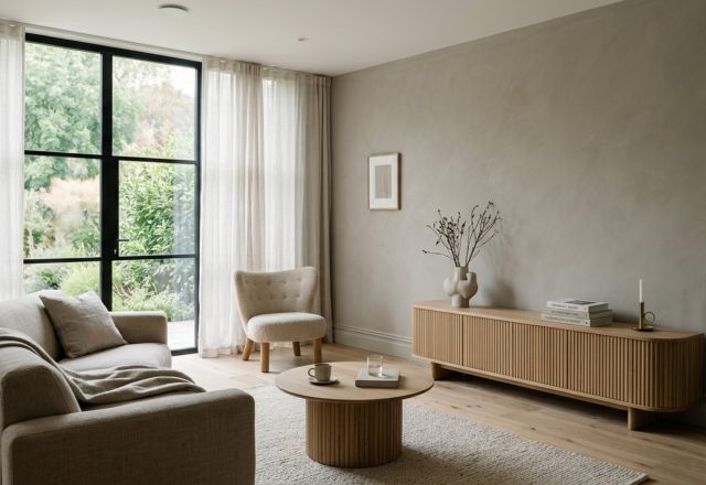 A sophisticated living room featuring greige paint decor ideas with matte walls, a fluted white oak media console, and soft 3000K ambient lighting filtering through linen drapes.