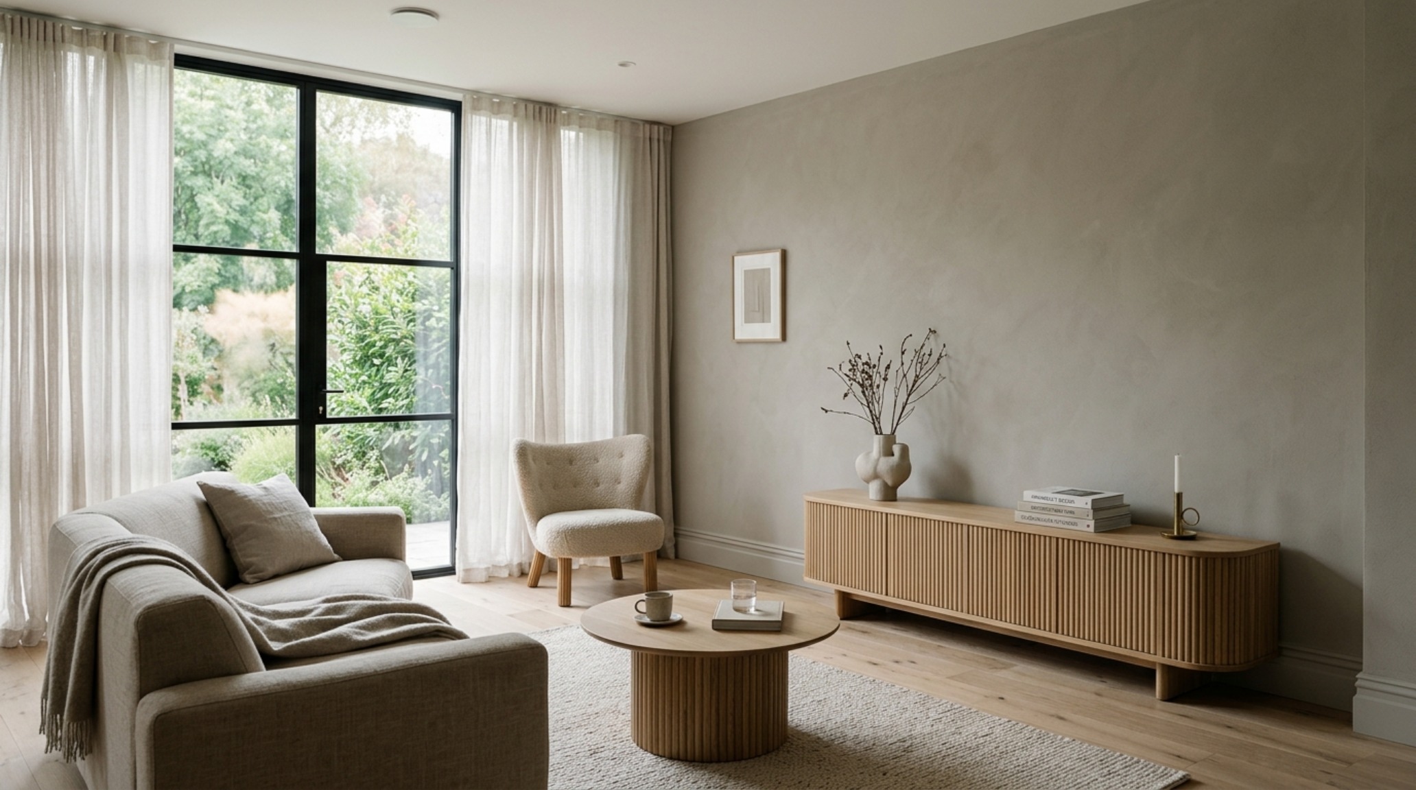 A sophisticated living room featuring greige paint decor ideas with matte walls, a fluted white oak media console, and soft 3000K ambient lighting filtering through linen drapes. A sophisticated living room featuring greige paint decor ideas with matte walls, a fluted white oak media console, and soft 3000K ambient lighting filtering through linen drapes.