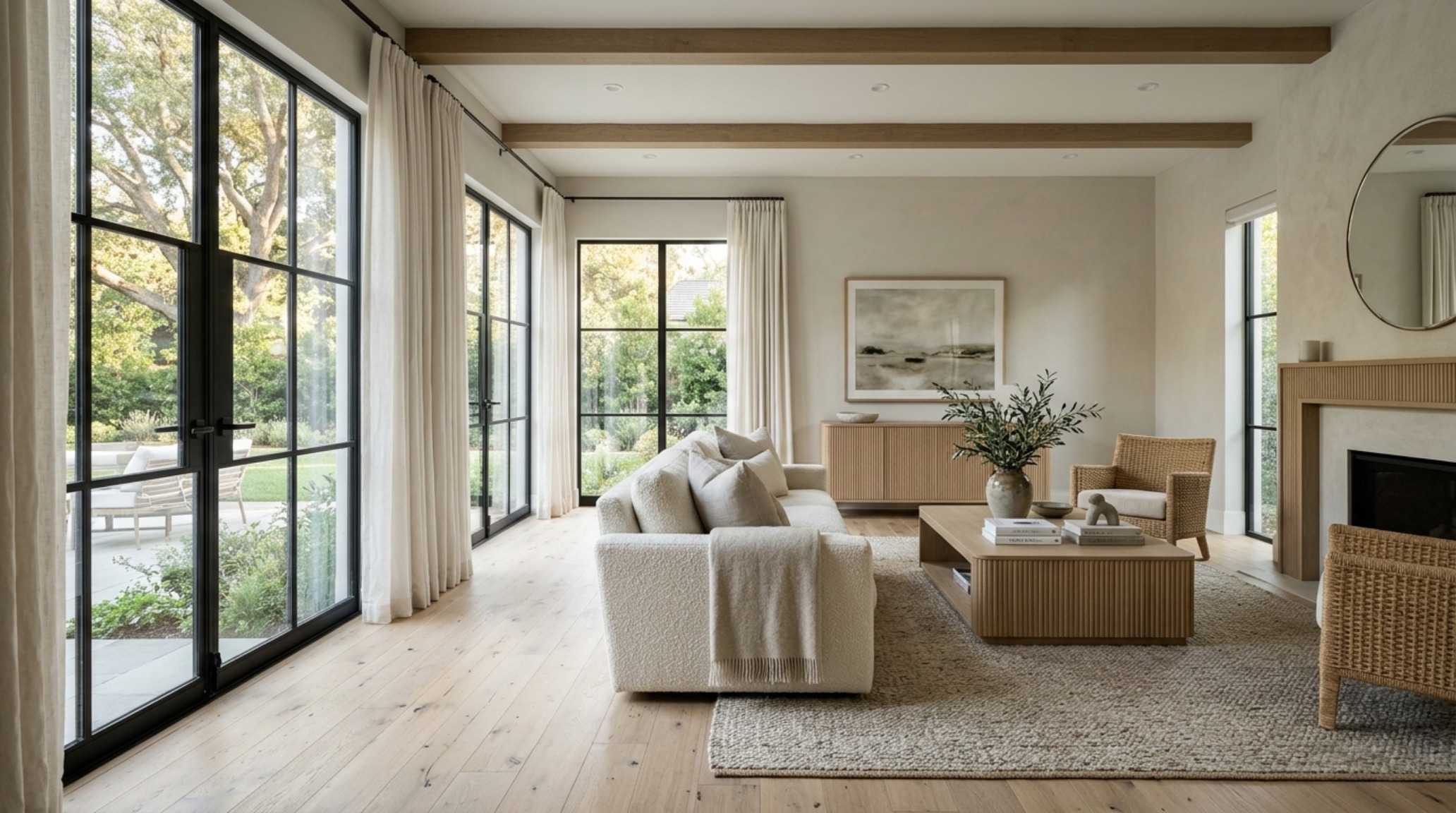 A sun-drenched living room showcasing greige paint decor ideas with fluted white oak cabinetry and wide-plank flooring.