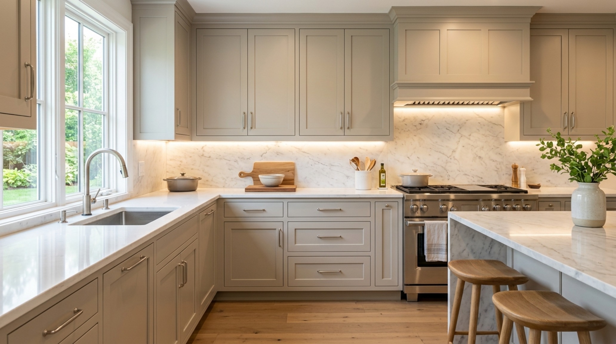 An ergonomic kitchen design with greige cabinetry, white marble countertops, and under-cabinet 3000K task lighting for precise color rendering. An ergonomic kitchen design with greige cabinetry, white marble countertops, and under-cabinet 3000K task lighting for precise color rendering.