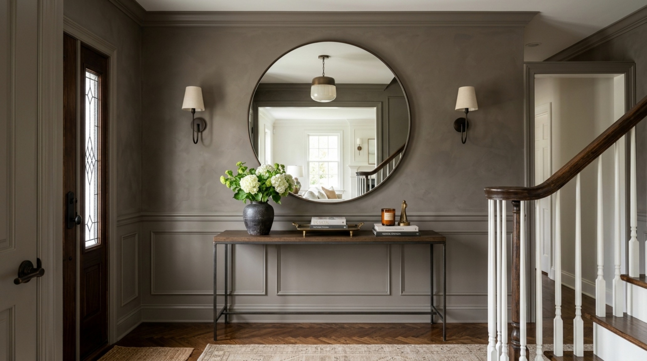 Entryway featuring a deep charcoal-greige wall and an 18-inch reach console table for ergonomic efficiency.