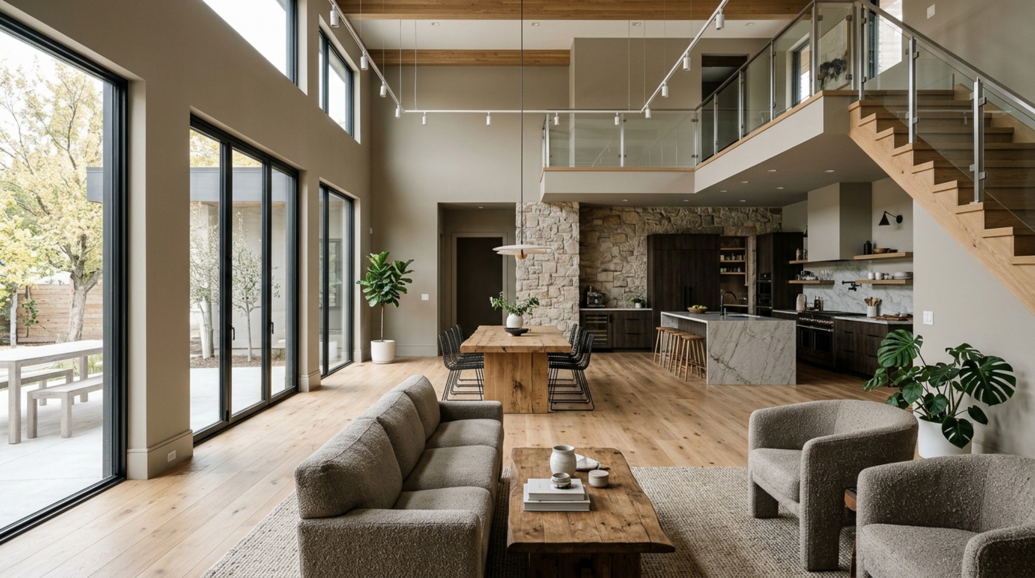 Open-concept floor plan emphasizing spatial cadence with greige walls serving as a neutral bridge between the living and dining zones. Open-concept floor plan emphasizing spatial cadence with greige walls serving as a neutral bridge between the living and dining zones.