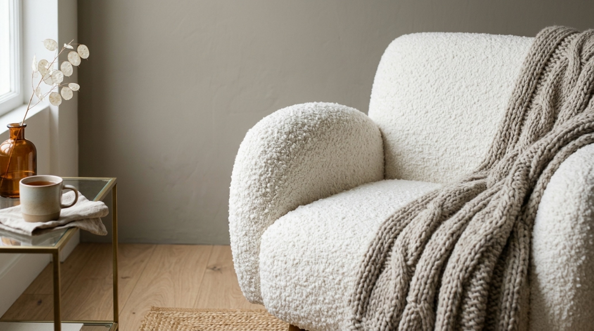 Textural detail of a bouclé chair and a wool rug in a monochromatic greige sanctuary.