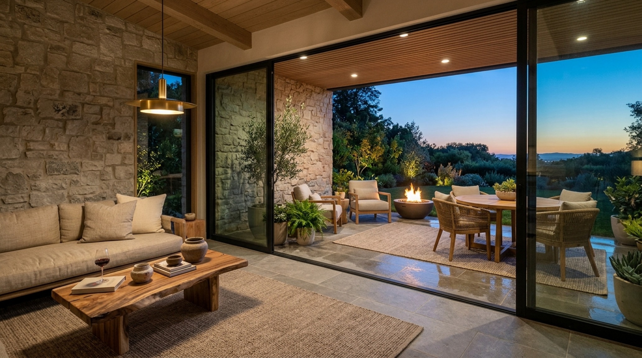 Outdoor-indoor transition space using greige paint to bridge the gap between natural stone and interior plaster.