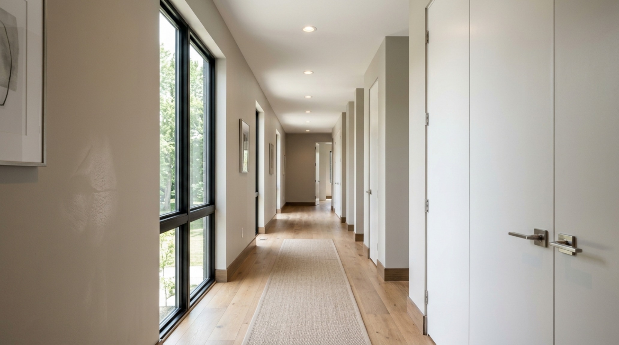 Architectural view of a hallway highlighting the 36-inch clearance and the subtle shift of greige paint tones under natural directional sunlight from a high window. Architectural view of a hallway highlighting the 36-inch clearance and the subtle shift of greige paint tones under natural directional sunlight from a high window.