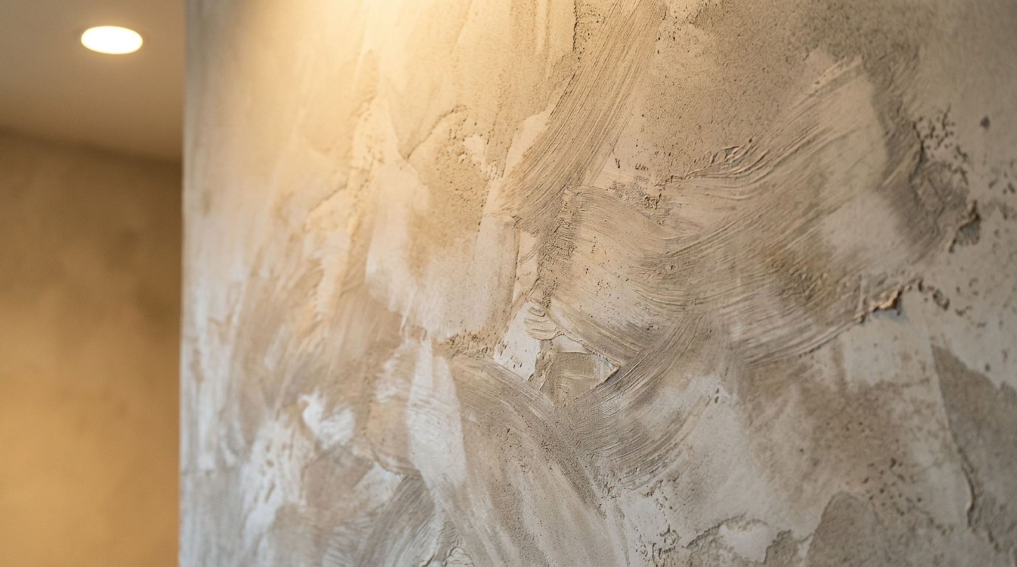 Detail shot of a limewash wall in a greige tone, highlighting the tactile texture under 2700K warm ambient lighting.