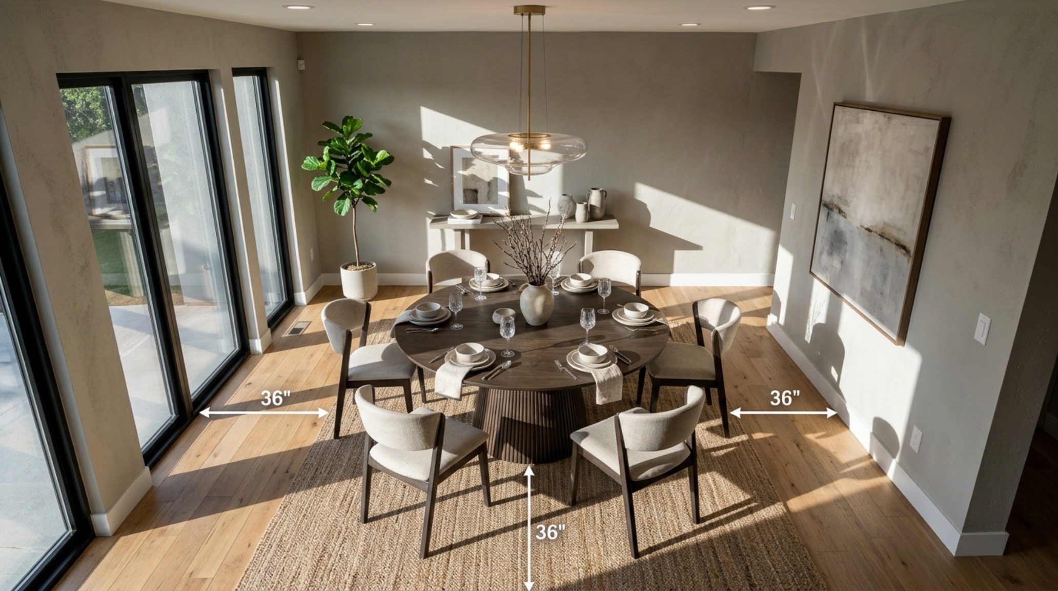 A minimalist dining area featuring 36-inch walkway clearances, greige walls, and a honed travertine table.