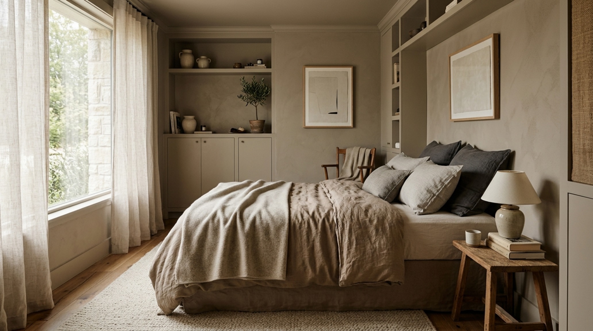 Small space greige paint decor ideas: A tonal bedroom with color-drenched walls and ceilings for increased volume perception.