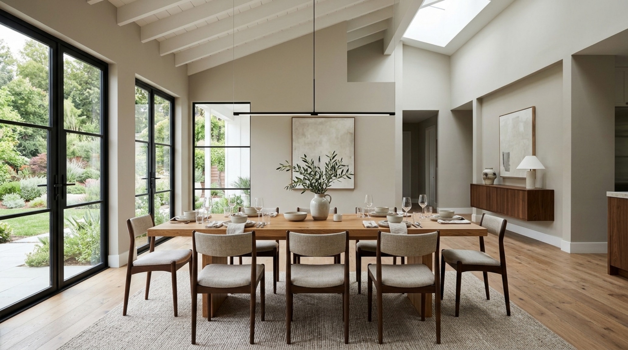 Symmetrical dining area layout showing 30-inch chair clearance against a soft greige backdrop with a minimalist black pendant light for contrast. Symmetrical dining area layout showing 30-inch chair clearance against a soft greige backdrop with a minimalist black pendant light for contrast.