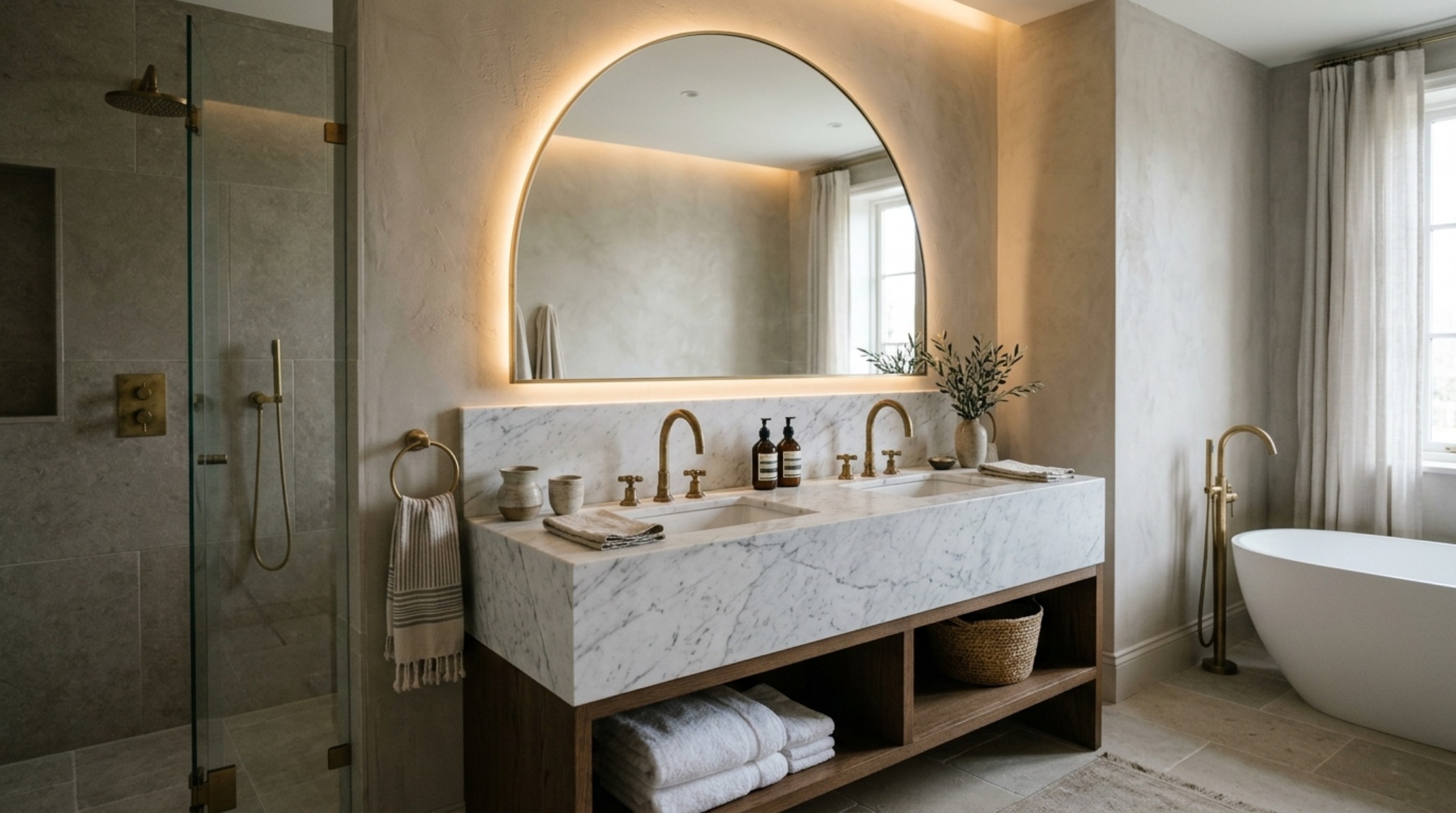 Modern greige paint decor ideas bathroom with unlacquered brass fixtures and honed marble tiling.