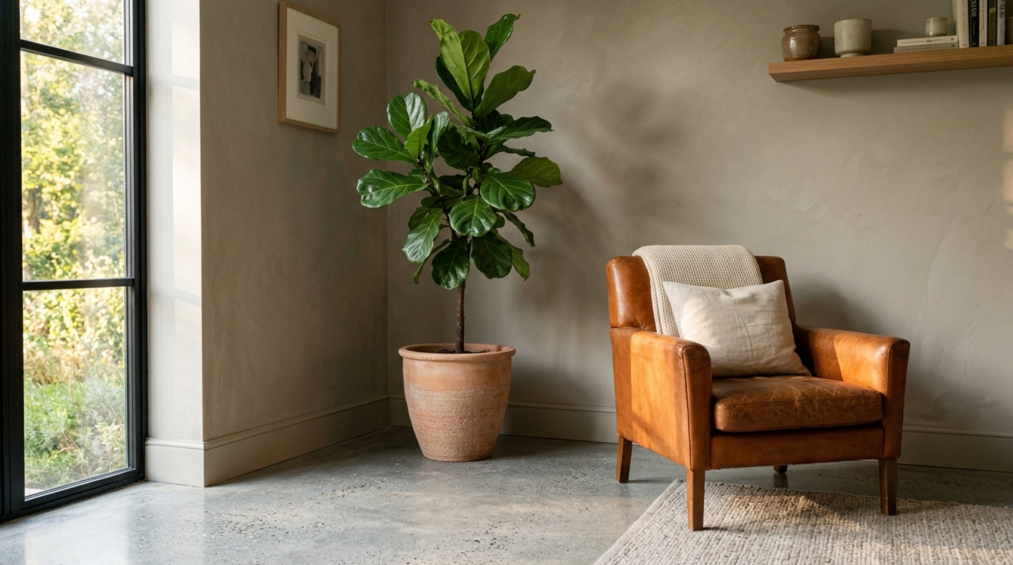 Modern greige paint decor ideas ideas showcased through the mix of cool concrete floors and warm greige walls, balanced by a cognac leather accent chair. Modern greige paint decor ideas ideas showcased through the mix of cool concrete floors and warm greige walls, balanced by a cognac leather accent chair.