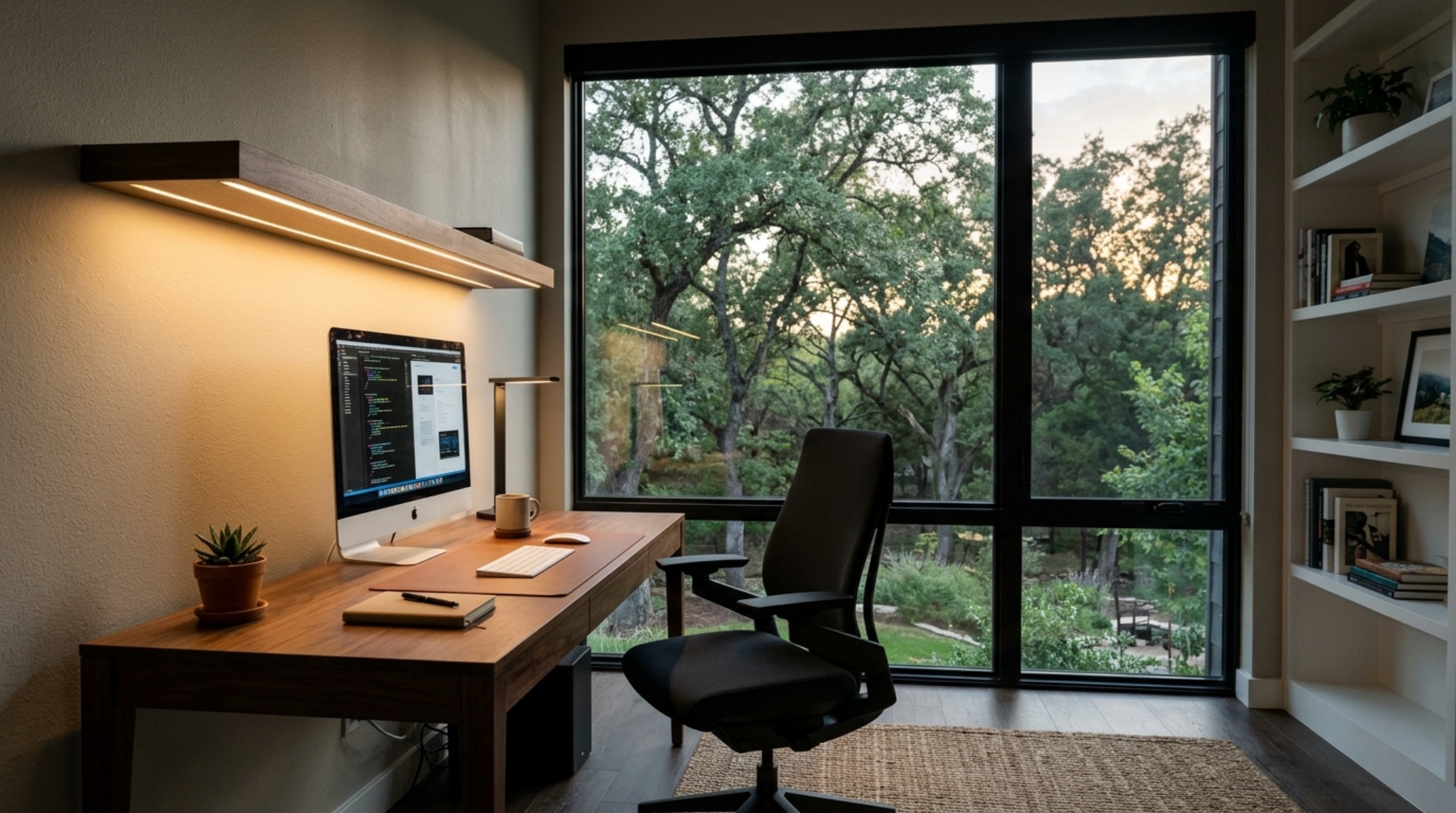 Home office layout featuring 3000K task lighting and greige paint to enhance focus and minimize eye strain.