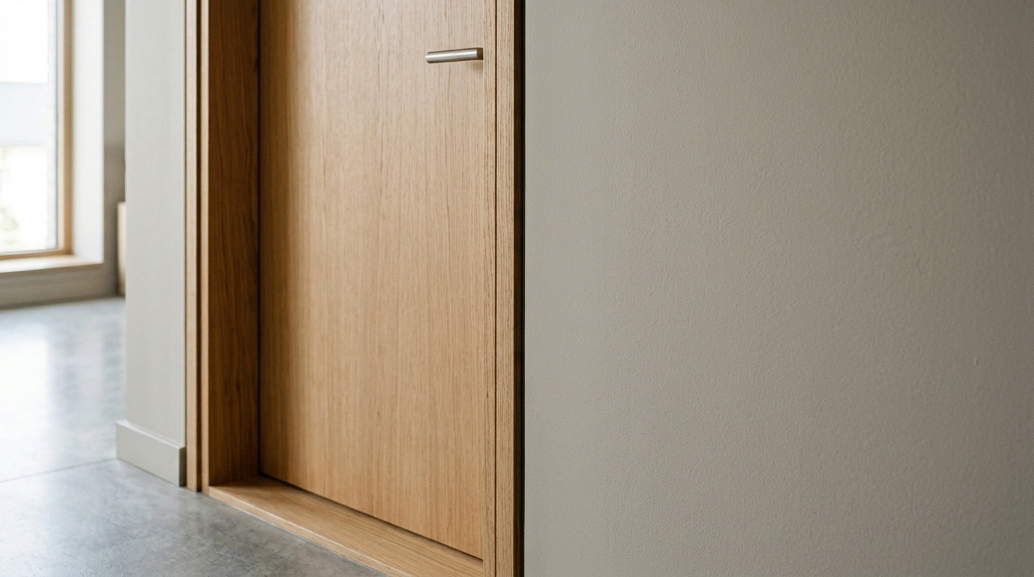 Detailed texture study: the intersection of a greige-painted plaster wall and a vertical grain oak door frame in a high-end residential project. Detailed texture study: the intersection of a greige-painted plaster wall and a vertical grain oak door frame in a high-end residential project.
