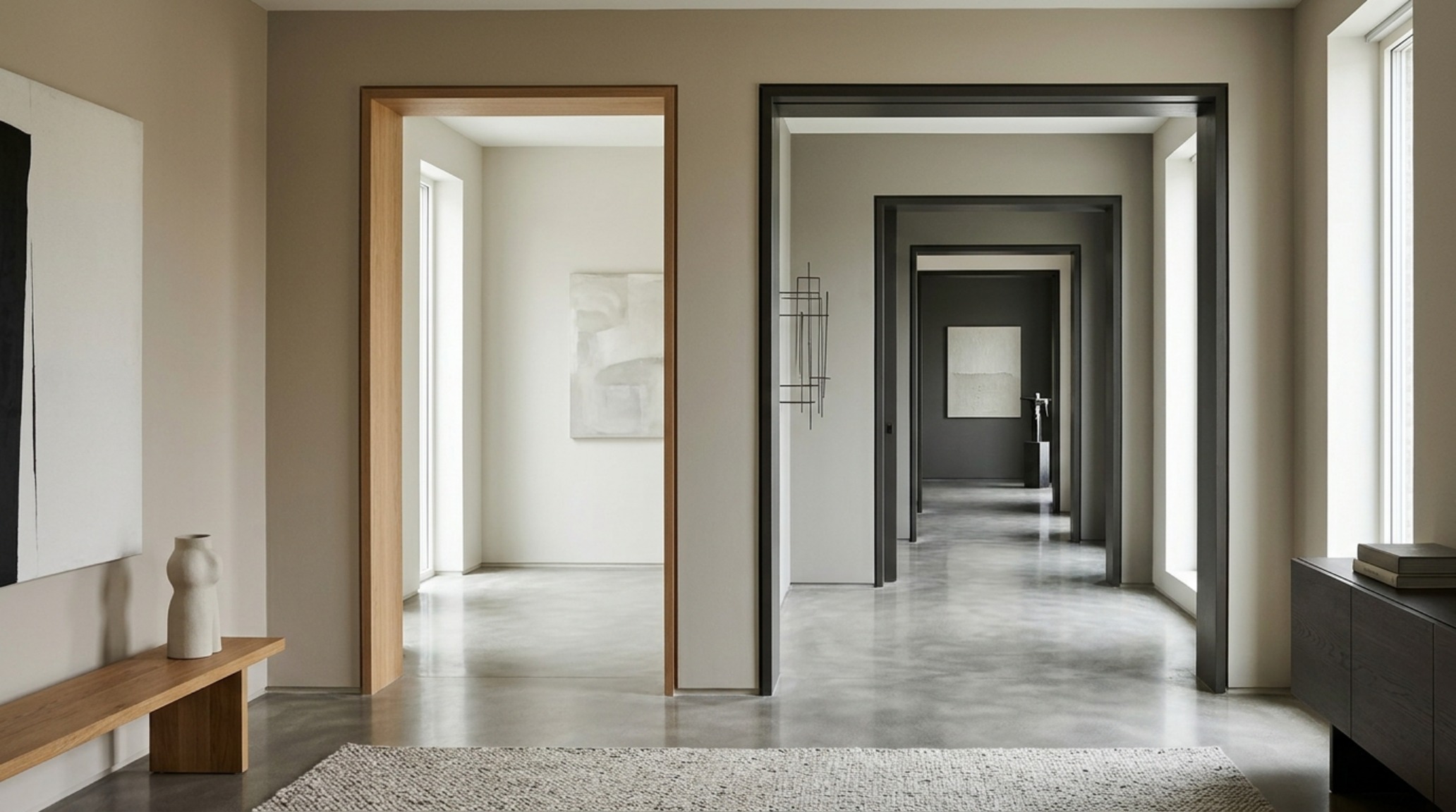 Open-plan living area demonstrating sightline alignment between different shades of greige paint for spatial flow.
