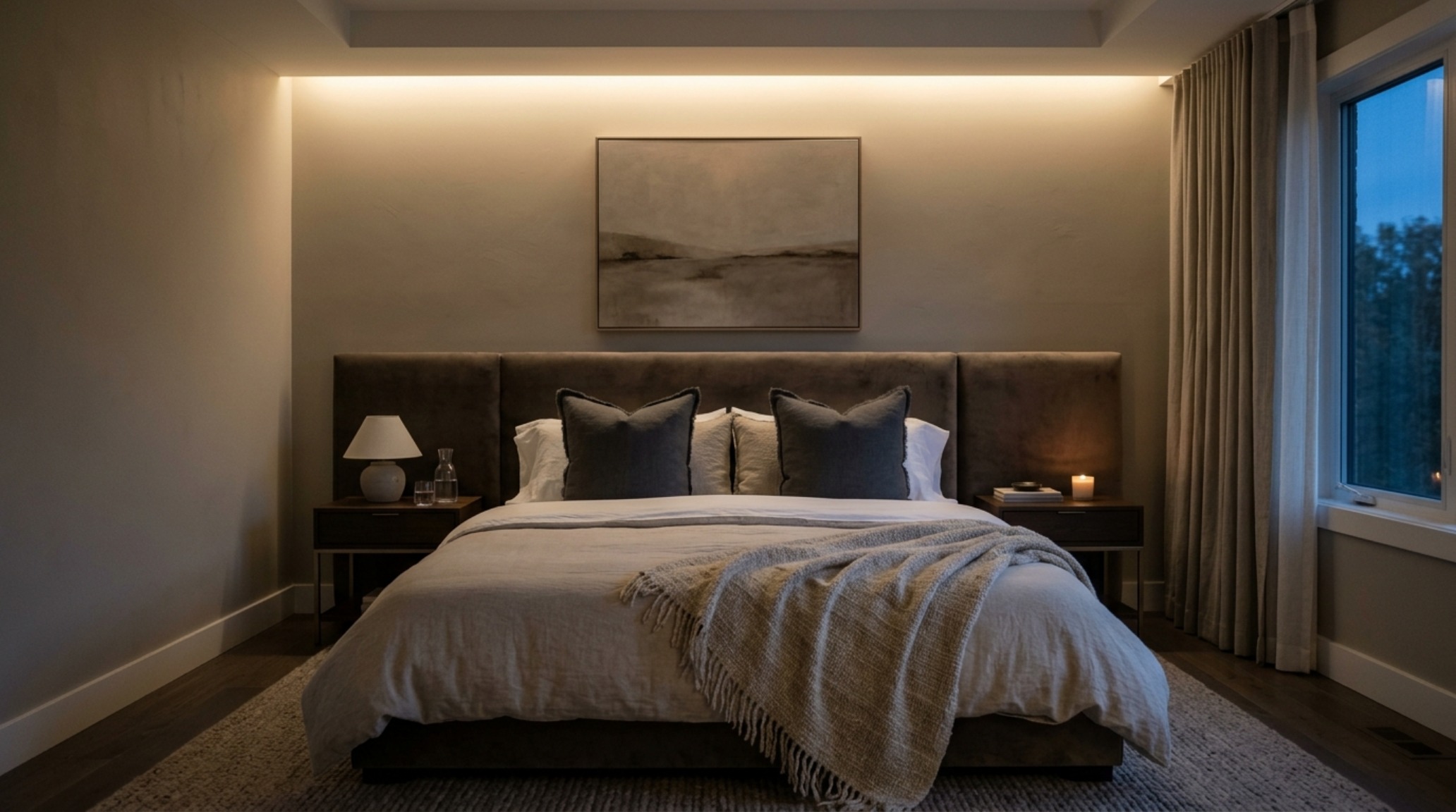 Bedroom sanctuary utilizing greige paint decor ideas architecture with recessed 2700K cove lighting to create a soft, glowing halo above a velvet headboard. Bedroom sanctuary utilizing greige paint decor ideas architecture with recessed 2700K cove lighting to create a soft, glowing halo above a velvet headboard.