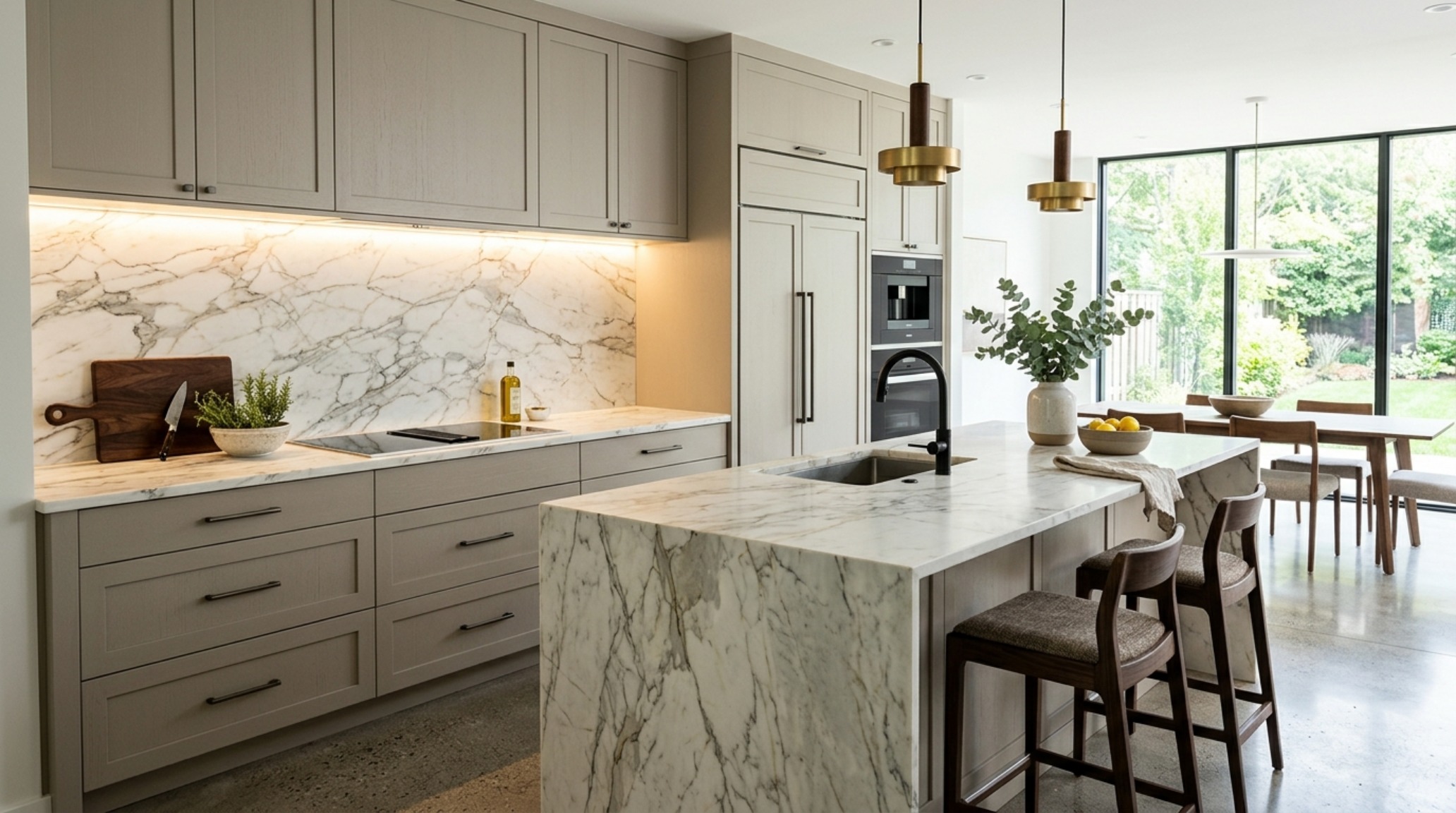 Kitchen design with greige-toned cabinetry, white macaubas quartzite, and integrated architectural lighting.