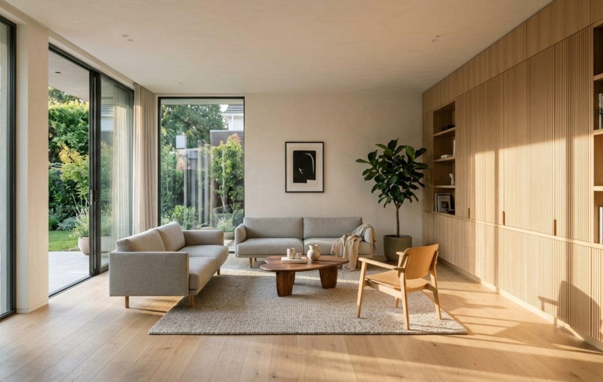 Modern home design tool free ideas featuring a sun-drenched living room with fluted white oak cabinetry and a 36-inch wide minimalist walkway.